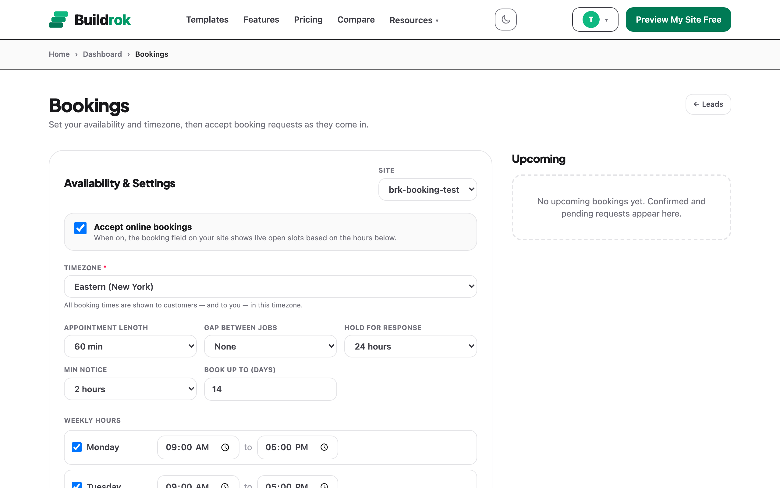 The Buildrok Bookings page showing availability settings, weekly hours, and the Upcoming bookings list