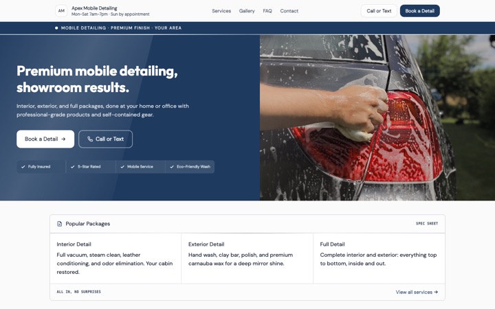 Midnight Shine — live Mobile Detailing · Premium Services demo site