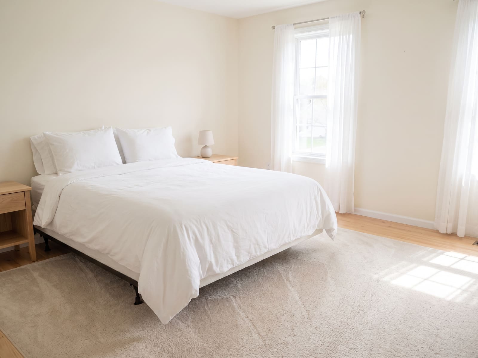 Bedroom made up after a clean, bed corners tight and vacuum tracks across the carpet