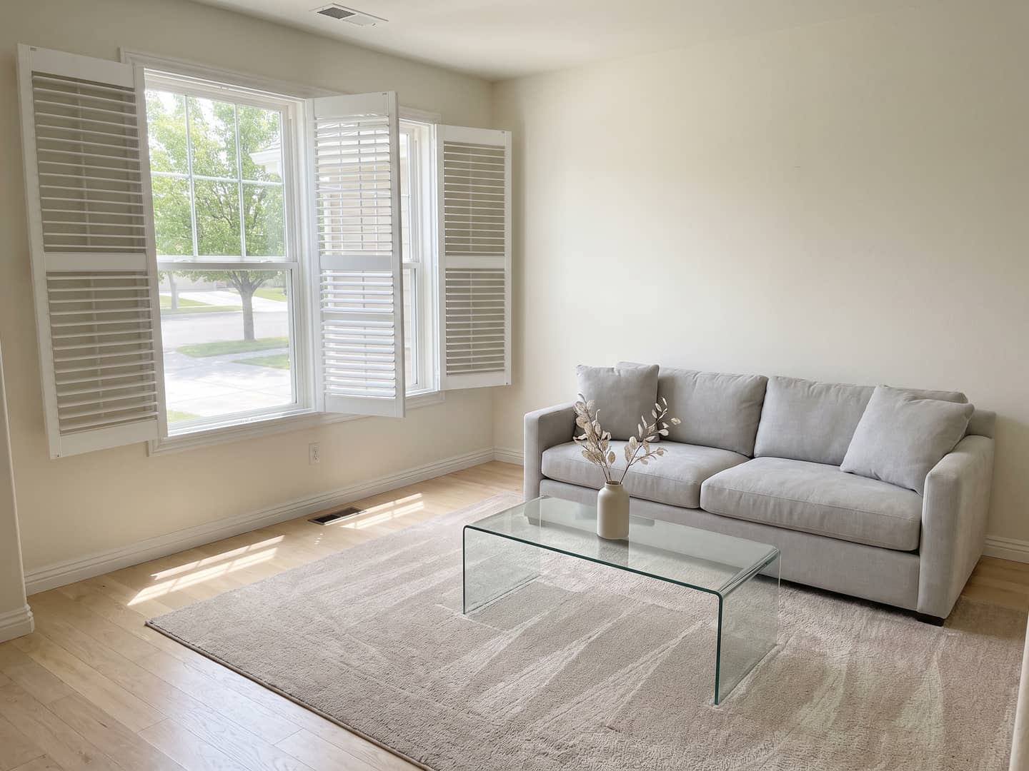 Living room after a clean, with squared cushions, vacuum tracks in the rug and a smear-free glass table